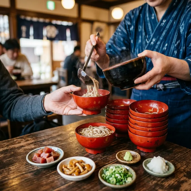 A traditional serving of Wanko Soba with stacked red lacquer bowls