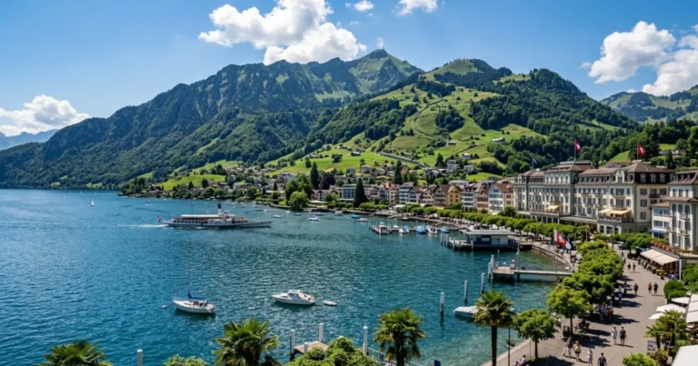 Weggis 5 Panoramic view of Weggis village on Lake Lucerne with Mount Rigi in the background