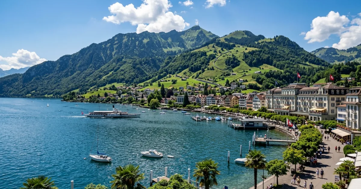 Travel Guides 10 Panoramic view of Weggis village on Lake Lucerne with Mount Rigi in the background