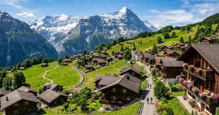 Wengen 6 Panoramic view of Wengen village with the Jungfrau mountain in the background
