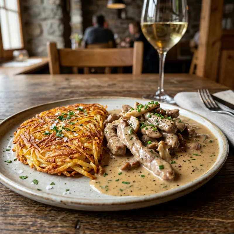Zürcher Geschnetzeltes with Rösti on a rustic table