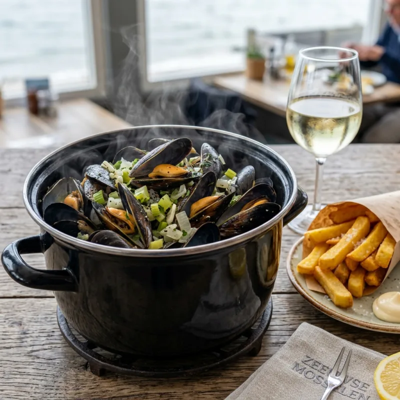 A traditional pot of Zeeland mussels with fries