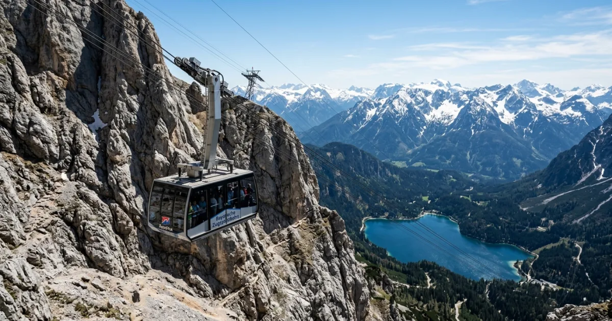 Zugspitze Glacier Cable Car ascending the mountain with Eibsee lake in the background