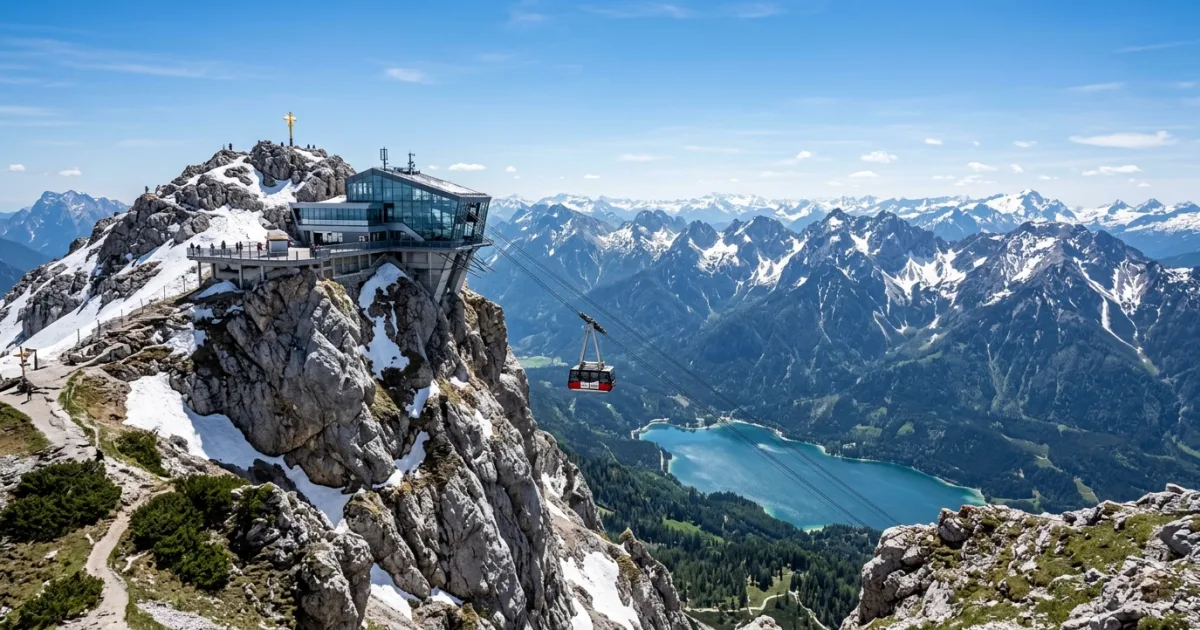 Panoramic view of the Zugspitze mountain peak and cable car station in the Bavarian Alps.