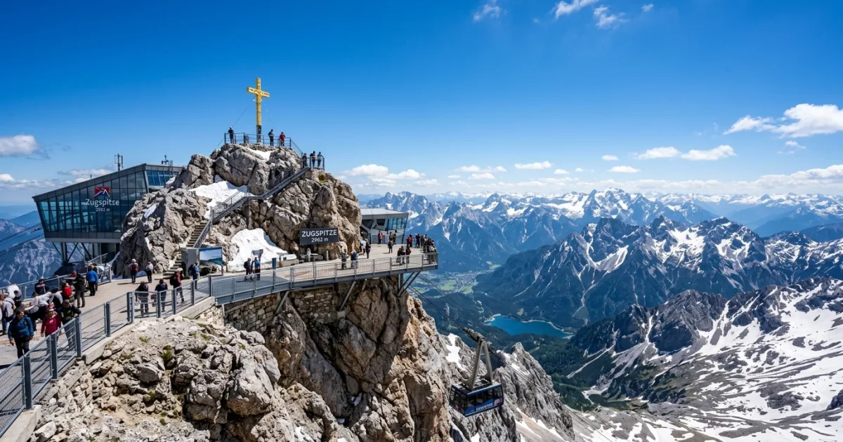 Panoramic view of the Zugspitzgipfel summit and surrounding alpine mountains