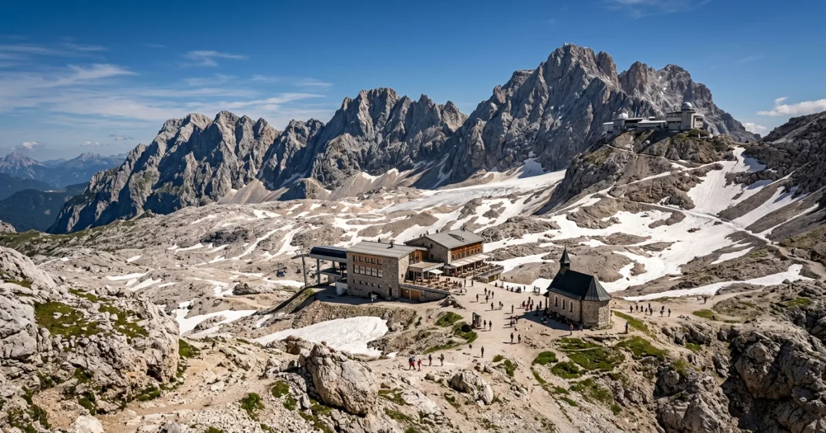 Wide-angle view of the Zugspitzplatt glacier plateau and surrounding alpine peaks in Germany.