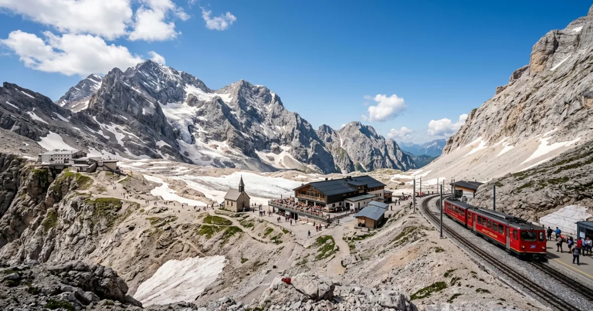 Panoramic view of the Zugspitzplatt alpine plateau and glacier in Germany