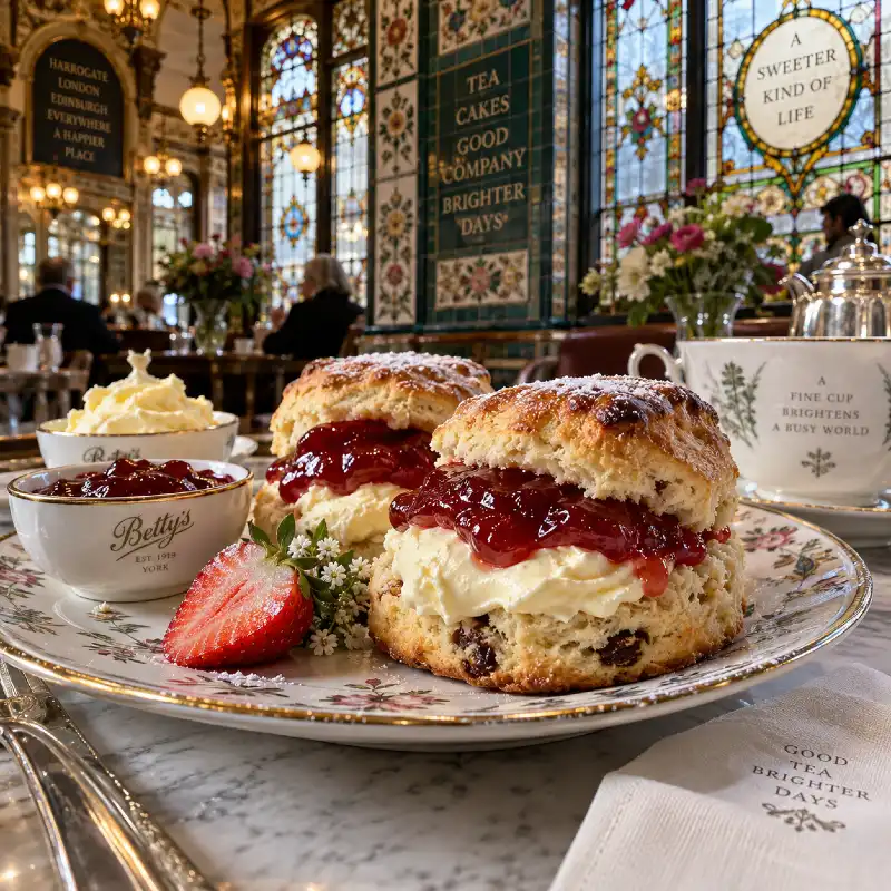 Traditional British scones with clotted cream and jam at the V&A Cafe