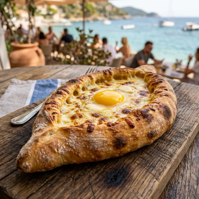 Authentic boat-shaped Adjarian Khachapuri filled with melted cheese and egg yolk
