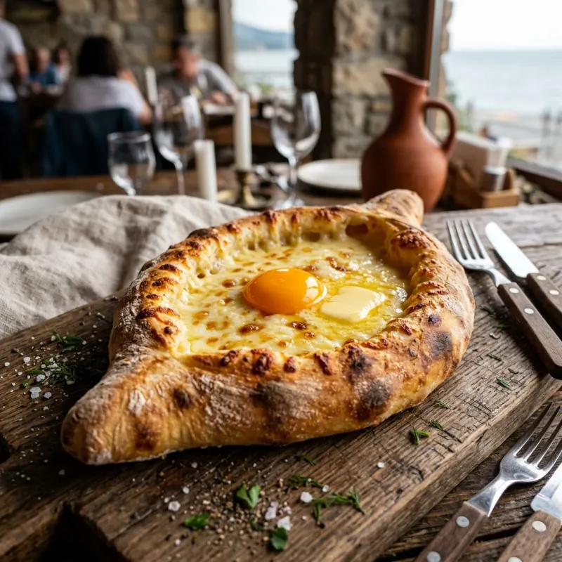 Golden boat-shaped Adjarian Khachapuri filled with melted cheese, raw egg yolk, and melting butter on a wooden serving board.