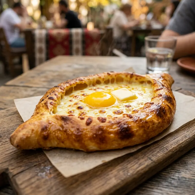 Authentic boat-shaped Adjarian Khachapuri filled with molten cheese, butter, and egg yolk