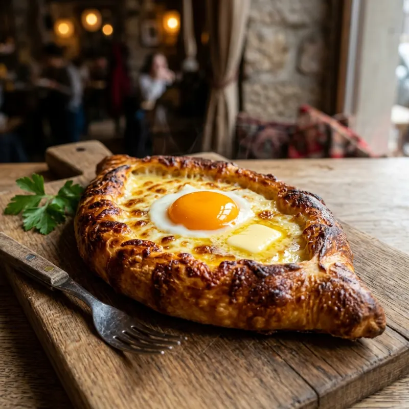 Authentic boat-shaped Adjarian Khachapuri with melted cheese and egg yolk