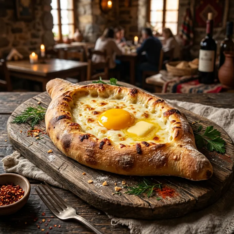 Authentic boat-shaped Adjarian Khachapuri with melted cheese, egg yolk, and butter