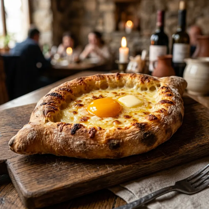 Authentic boat-shaped Adjaruli Khachapuri with melted cheese, raw egg yolk, and butter