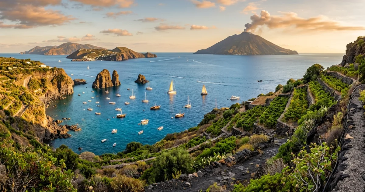 Panoramic coastal view of the Aeolian Islands in Sicily with volcanic cliffs and sailboats