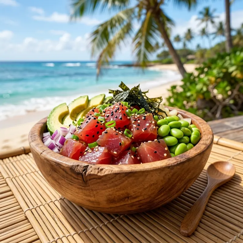 Fresh Hawaiian Ahi Poke bowl with avocado and sesame seeds