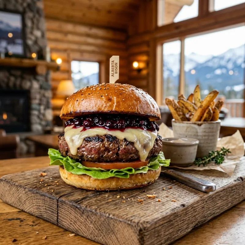 Alberta bison burger with aged white cheddar and Saskatoon berry relish
