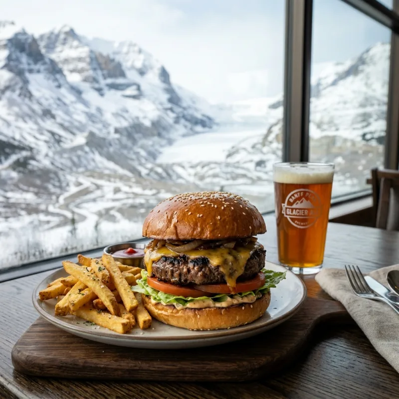 Alberta bison burger with melted cheese and fries at Columbia Icefield