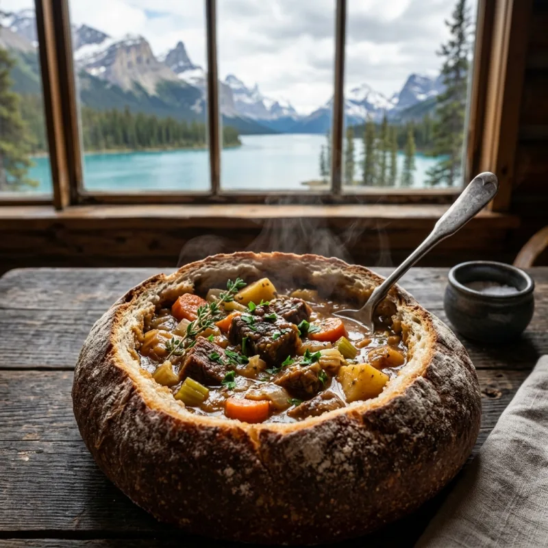 Steaming bowl of Alberta bison stew served in a bread bowl at Maligne Lake