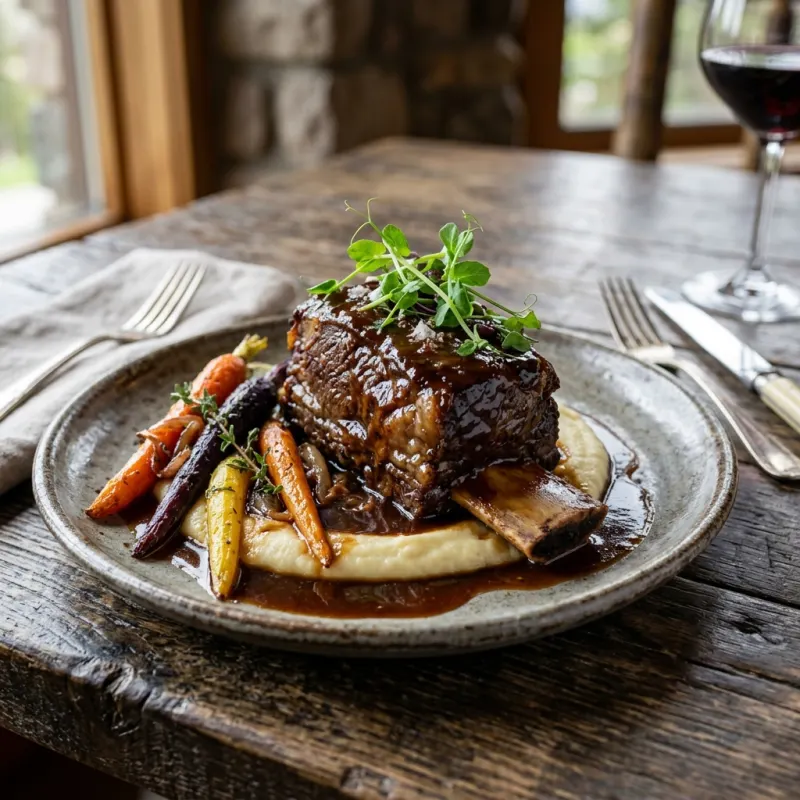Braised Alberta bison short ribs served with roasted root vegetables on a wooden table.