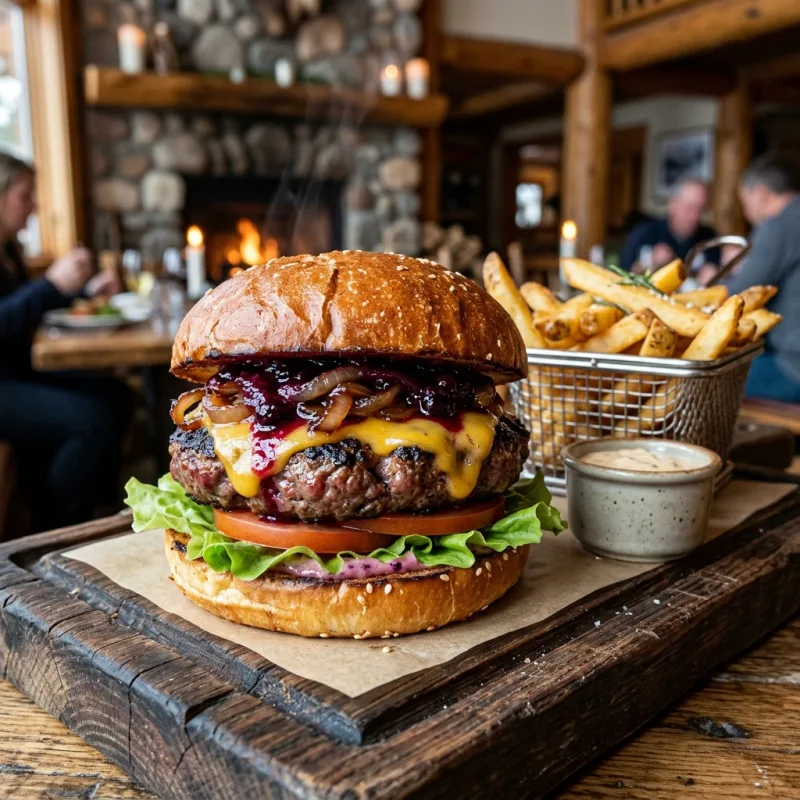 Albertan bison burger with gourmet toppings and fries
