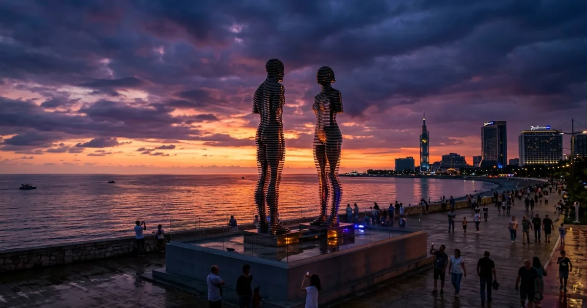 Wide-angle view of the Ali and Nino moving steel sculpture on the Batumi promenade at sunset.