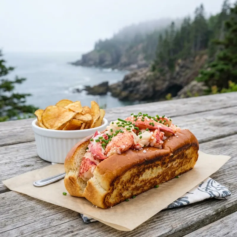 Fresh Atlantic lobster roll served outdoors near Fundy National Park