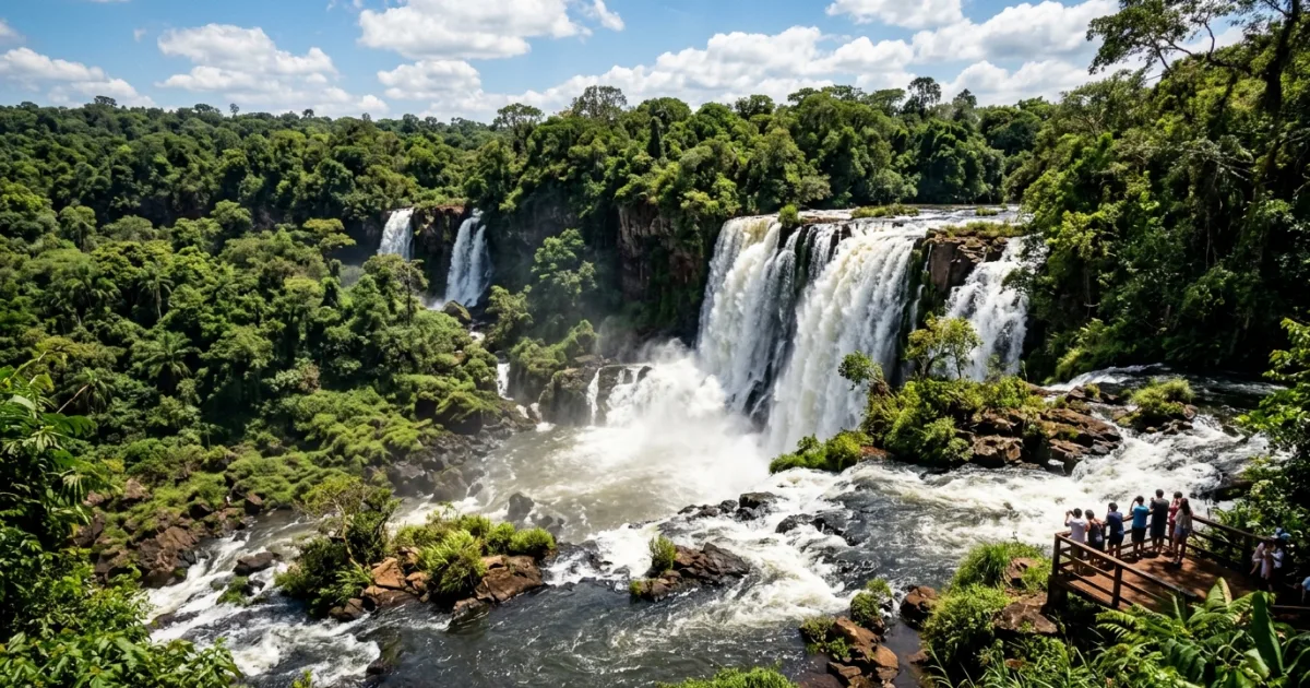 Wide view of the powerful Saltos del Monday waterfalls surrounded by lush forest in Alto Parana