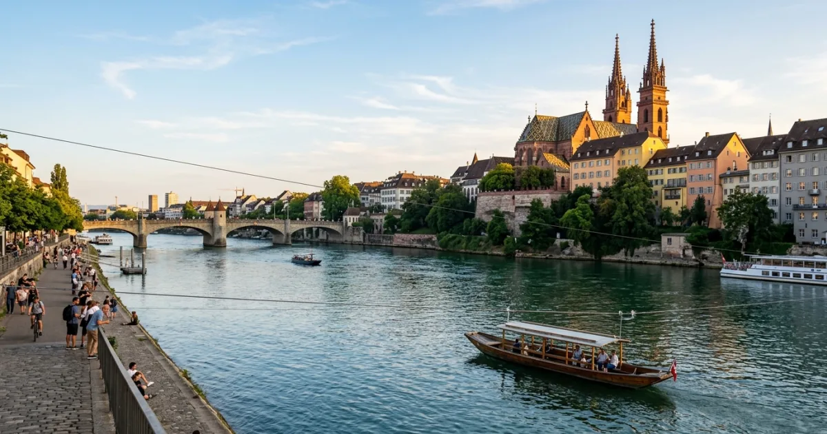 Panoramic view of Altstadt Basel with the Rhine River and Basler Münster cathedral