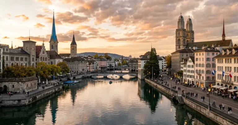 Altstadt Zurich 1 Panoramic view of Altstadt Zurich along the Limmat River with historic cathedrals at sunset
