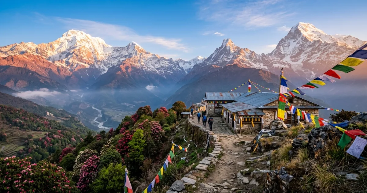 Snow-capped peaks of the Annapurna mountain range with Buddhist prayer flags in Nepal