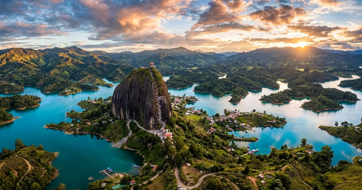 Panoramic landscape view of Antioquia Colombia showing the Peñol rock and surrounding blue reservoir lakes