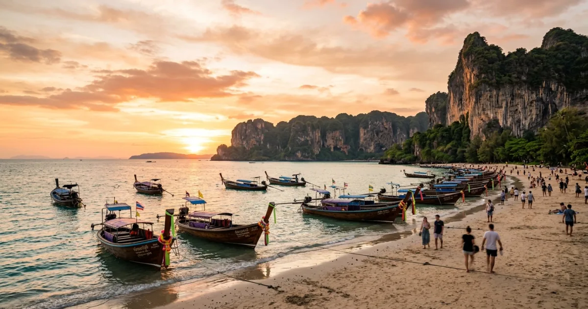 Ao Nang beach in Krabi with traditional longtail boats and towering limestone cliffs at sunset