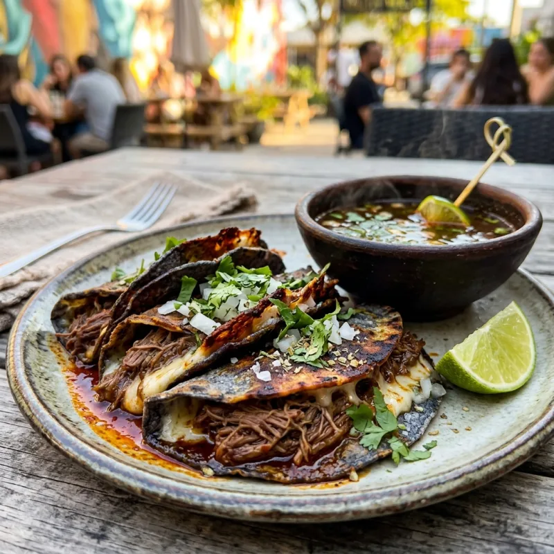 Three artisanal birria tacos with lime wedges and a bowl of rich consommé dipping broth on a rustic table in Wynwood