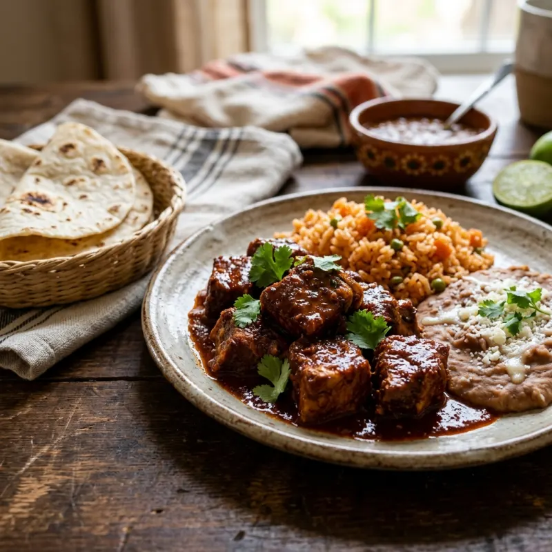 Authentic Mexican Asado de Puerco with red rice and flour tortillas