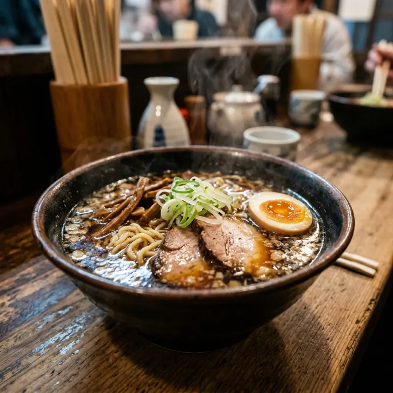 Authentic bowl of Asahikawa shoyu ramen with chashu pork and bamboo shoots in a rich broth