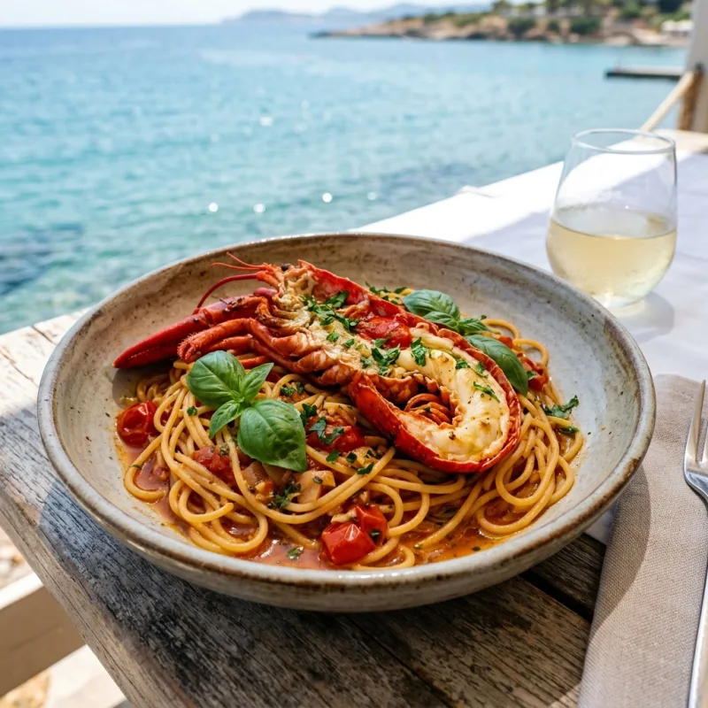 Authentic Greek Astakomakaronada lobster pasta served on a seaside terrace in Vouliagmeni