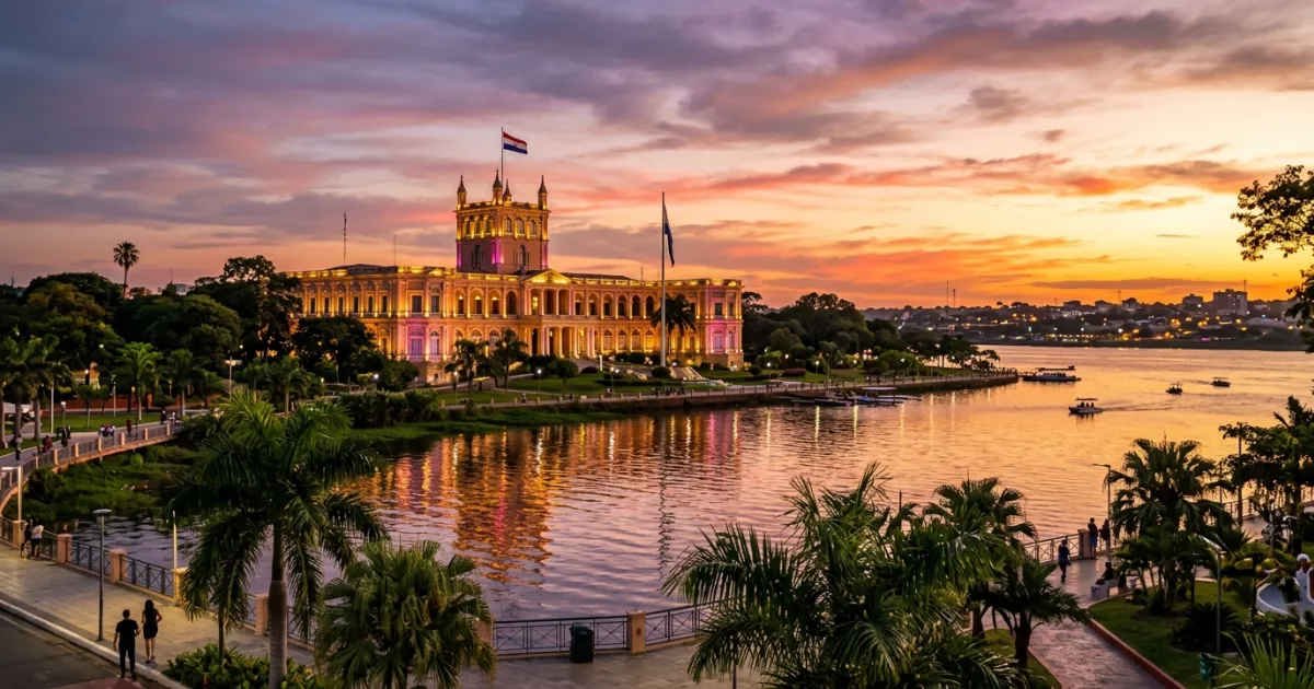 Palacio de López illuminated at sunset in Asuncion, Paraguay