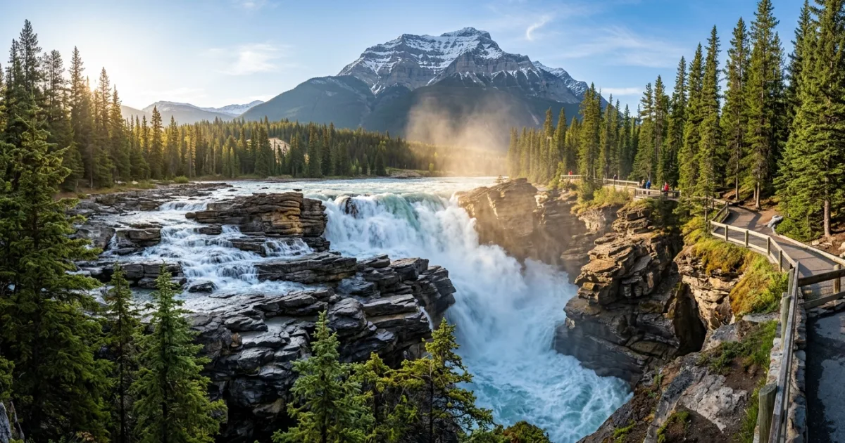 Wide view of Athabasca Falls cascading into a rocky canyon with Mount Kerkeslin in the background