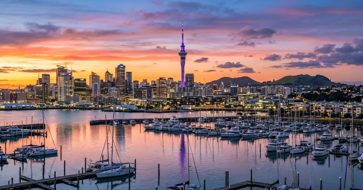 Auckland city skyline and Waitematā Harbour at twilight