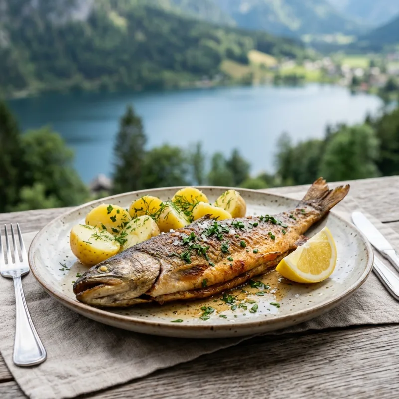 Freshly cooked Ausseer Saibling Arctic char served on an outdoor lakeside terrace in Austria