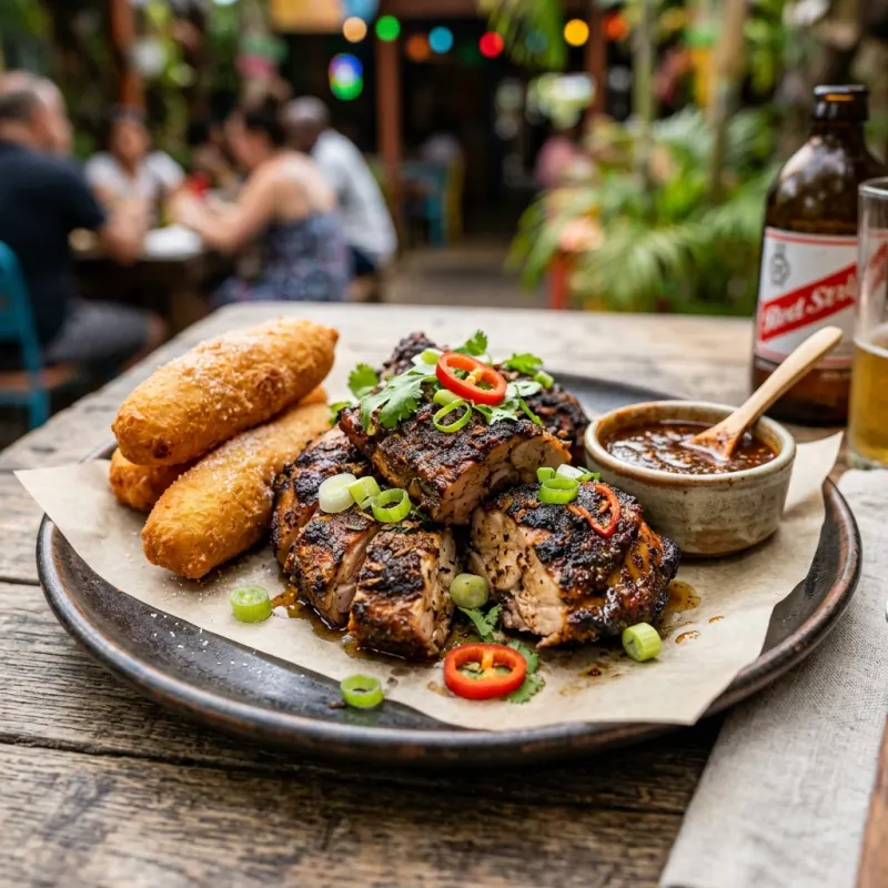 Authentic Jamaican jerk chicken with fried festival fritters