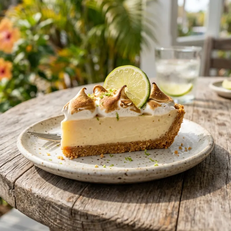 A slice of authentic Key lime pie topped with golden torched meringue on a wooden patio table.