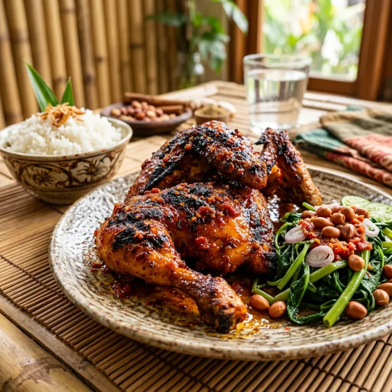 Authentic Lombok Ayam Taliwang grilled spicy chicken with sambal and water spinach