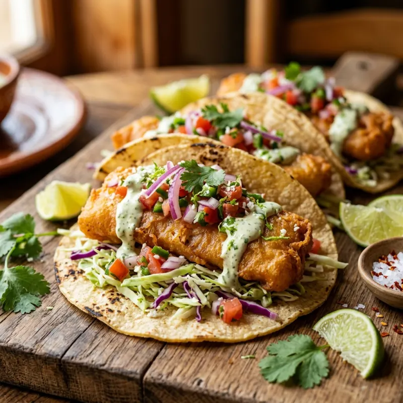 Baja-style fish tacos with crisp cabbage and crema in Southern California