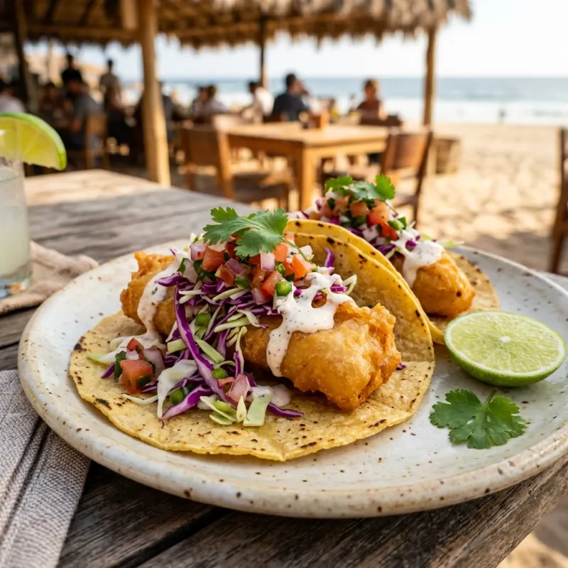 Authentic Baja Fish Tacos with fresh toppings and lime