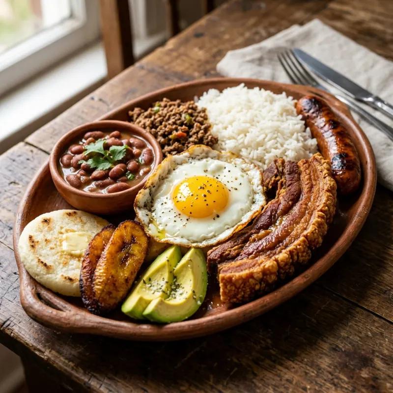 Authentic Colombian Bandeja Paisa platter with chicharrón, beans, rice, and plantains
