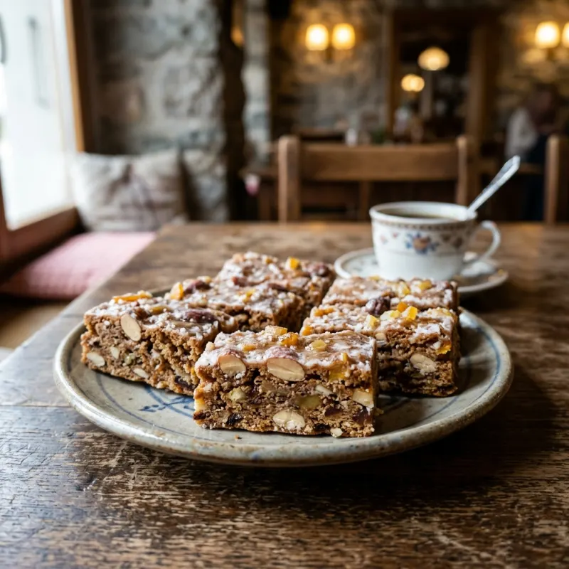 Authentic Basler Läckerli glazed gingerbread biscuits served on a ceramic plate in Basel