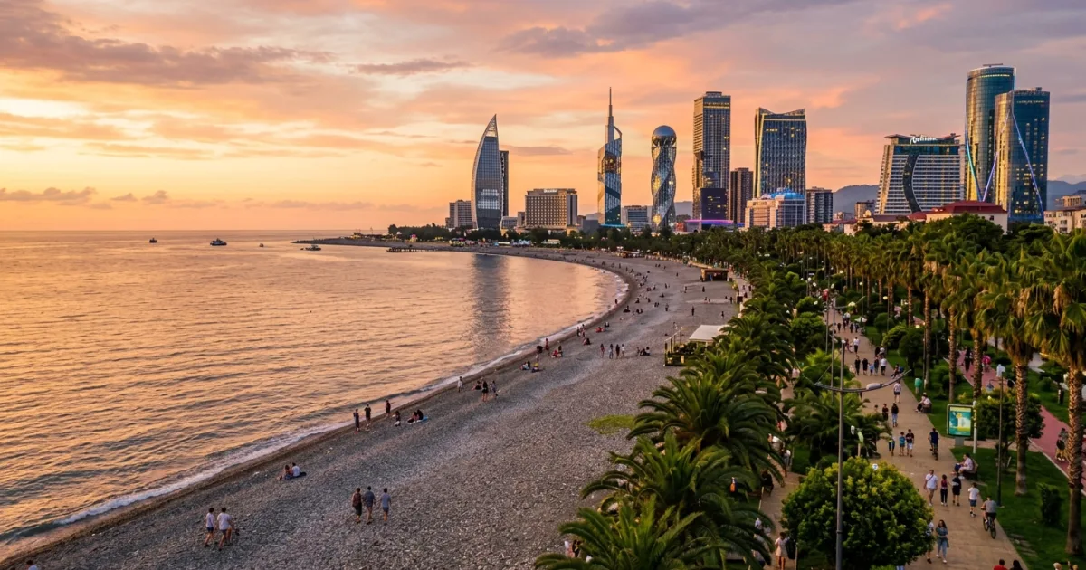 Panoramic view of the Batumi coastline and modern skyline in Georgia at sunset