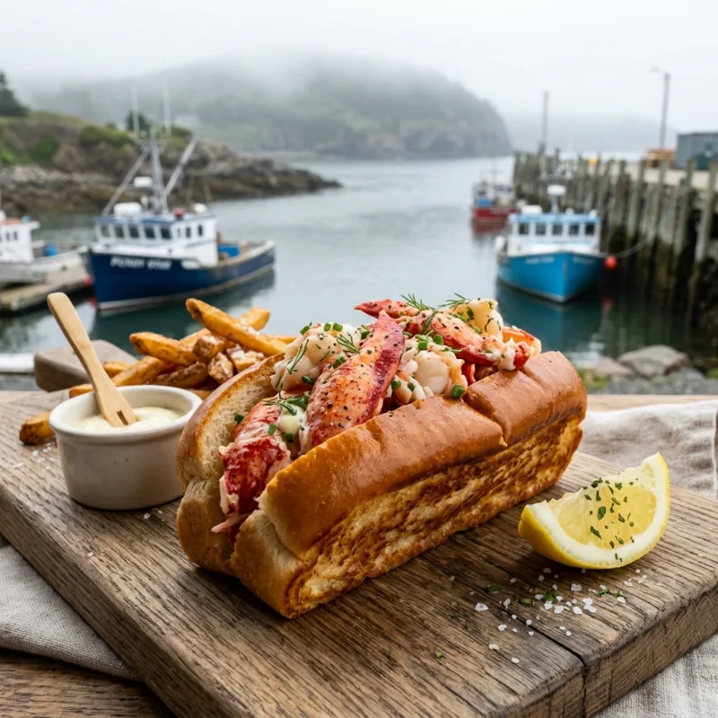 Fresh Bay of Fundy lobster roll on a toasted bun with fries